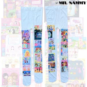 May include: Light blue tights featuring a collage of colorful graphic prints depicting various cartoon characters, dolls, and digital game interfaces. The designs are arranged in vertical columns along the legs of the hosiery.