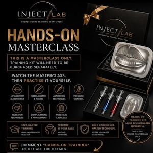 May include: A black box set labeled INJECT LAB HANDS-ON MASTERCLASS featuring a silver lip model, three syringes with clear, blue, and red liquids, and text detailing professional training, lip anatomy, and injection techniques.
