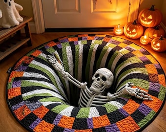 Halloween Skeleton 3D Illusion Rug, 3D Halloween Vortex Rug, Spooky Gothic Floor Decor, Pumpkin Skeleton Illusion, Halloween Gift,Home Decor