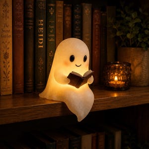 Può includere: Una piccola statuetta di fantasma traslucida color bianco sporco con una forma liscia e arrotondata, occhi neri e guance rosa. Il fantasma è illuminato dall'interno e tiene in mano un piccolo libro nero aperto mentre è seduto sul bordo di uno scaffale.