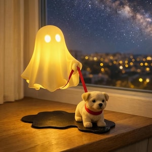 Könnte beinhalten: Eine leuchtende, cremeweiße geisterförmige Lampe mit zwei kreisförmigen Augen, die eine rote Leine hält, welche an einer kleinen, hellen Welpenfigur mit rotem Halsband befestigt ist. Das Ganze steht auf einem schwarzen, unregelmäßigen Sockel.