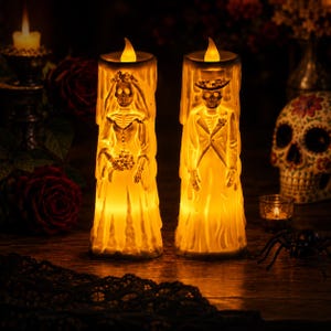 Könnte beinhalten: Zwei zylindrische LED-Kerzen mit warmgelbem Licht, die jeweils ein erhabenes Relief einer Skelettfigur zeigen. Eine Kerze stellt ein Skelett im Brautkleid mit Schleier dar, die andere ein Skelett im Anzug mit Zylinder.