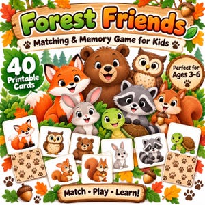 Op de afbeelding: Een Forest Friends memory- en koppelspel voor kinderen met 40 printbare kaarten. De verpakking toont een cartoon beer, vos, uil, wasbeer, eekhoorn, konijn en schildpad, omringd door herfstbladeren, eikels en pootafdrukken.
