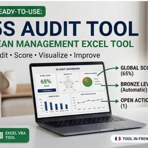 May include: A laptop displaying a 5S Audit Tool Excel dashboard with charts and metrics. Text includes READY-TO-USE: 5S AUDIT TOOL, LEAN MANAGEMENT EXCEL TOOL, Audit, Score, Visualize, Improve, GLOBAL SCORE (65%), BRONZE LEVEL, and OPEN ACTIONS (1).
