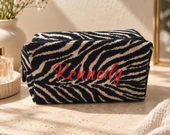 Personalized Zebra Cosmetic Bag, Custom Name Makeup Bag, Embroidered Toiletry Pouch, Bridesmaid Gift, Travel Makeup Case
