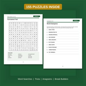 May include: A puzzle book page showing a word search titled Tournament Trail with a grid of letters and a list of words to find, alongside an anagram page titled World Champions with ten numbered lines for unscrambling letters. 155 PUZZLES INSIDE.