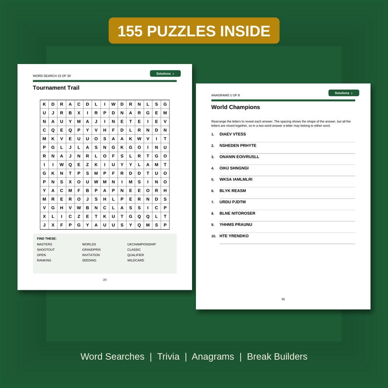 May include: A puzzle book page showing a word search titled Tournament Trail with a grid of letters and a list of words to find, alongside an anagram page titled World Champions with ten numbered lines for unscrambling letters. 155 PUZZLES INSIDE.
