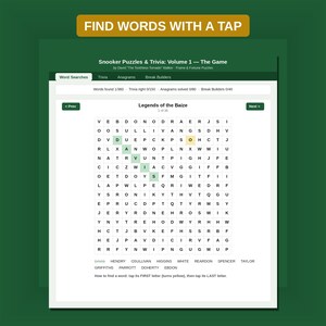 K&ouml;nnte beinhalten: Ein digitales Wortsuchr&auml;tsel mit dem Titel Snooker Puzzles & Trivia: Volume 1 &mdash; The Game, das ein Buchstabenraster zeigt, bei dem das Wort O'Sullivan gr&uuml;n und der Buchstabe O gelb hervorgehoben sind. Die Benutzeroberfl&auml;che enth&auml;lt Navigationsschaltfl&auml;chen.