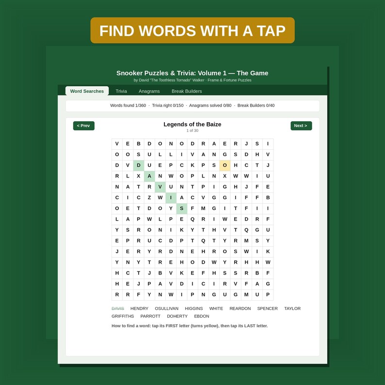 K&ouml;nnte beinhalten: Ein digitales Wortsuchr&auml;tsel mit dem Titel Snooker Puzzles & Trivia: Volume 1 &mdash; The Game, das ein Buchstabenraster zeigt, bei dem das Wort O'Sullivan gr&uuml;n und der Buchstabe O gelb hervorgehoben sind. Die Benutzeroberfl&auml;che enth&auml;lt Navigationsschaltfl&auml;chen.