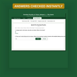 K&ouml;nnte beinhalten: Eine digitale Benutzeroberfl&auml;che f&uuml;r Snooker Puzzles & Trivia: Volume 1 mit dem Text ANSWERS CHECKED INSTANTLY. Der Bildschirm zeigt Quick-Fire Scoring Puzzles mit Fragen zu Snooker-Breaks, Punktzahlen und interaktiven Pr&uuml;fschaltfl&auml;chen.