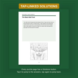 May include: A white page titled TAP-LINKED SOLUTIONS featuring the text Baize Break: Famous Moments and The Black Ball Final. It includes a paragraph about the 1985 World Championship snooker match and a line drawing of two people at a snooker table.