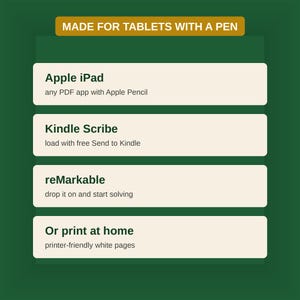 May include: A dark green informational graphic titled MADE FOR TABLETS WITH A PEN. It lists compatibility for Apple iPad with Apple Pencil, Kindle Scribe using Send to Kindle, reMarkable tablets, and an option to print at home on white pages.