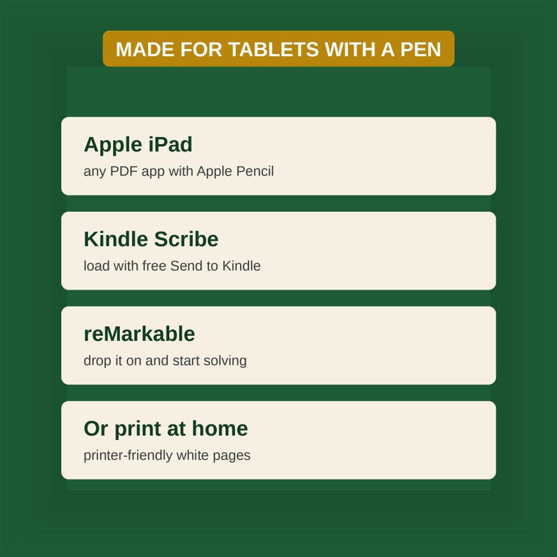May include: A dark green informational graphic titled MADE FOR TABLETS WITH A PEN. It lists compatibility for Apple iPad with Apple Pencil, Kindle Scribe using Send to Kindle, reMarkable tablets, and an option to print at home on white pages.