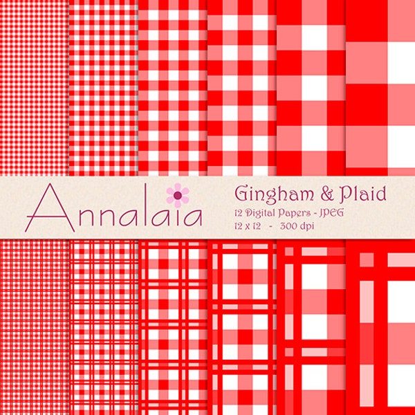 Digital Gingham Paper Red and White Gingham Plaid Checks Squares 12x12 8,5x11 Scrapbook Paper Commercial Use 312