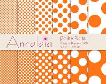 INSTANT DOWNLOAD Digital Paper Pack: Pumpkin Orange and White Polka Dots Scrapbook Paper Halloween Colors Commercial Use 007