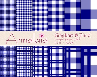 INSTANT DOWNLOAD Digital Paper Pack: Navy Blue and White Gingham Plaid Checks Squares 12x12 8,5x11 Scrapbook Paper 313