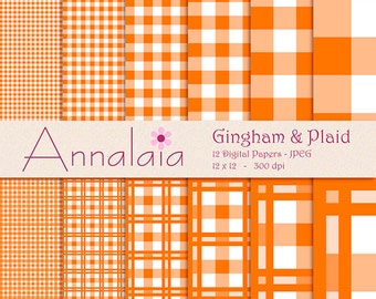 Digital Paper Pack Pumpkin Orange and White Gingham Plaid Checks Squares 12x12 8,5x11 Scrapbook Paper Commercial Use Instant Download 385