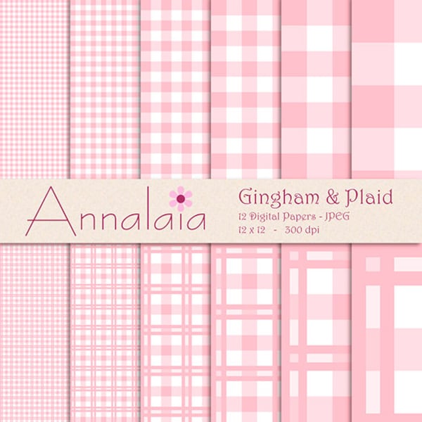 INSTANT DOWNLOAD Digital Paper Pack: Pink and White Gingham Plaid Checks Squares 12x12 8,5x11 Baby Girl Scrapbook Paper 362