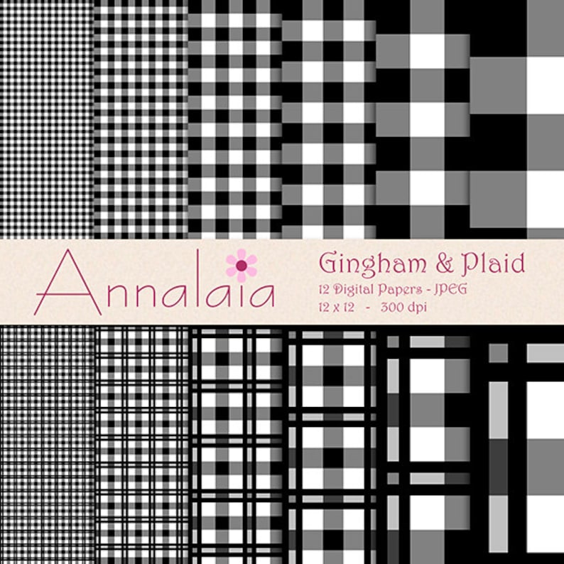 INSTANT DOWNLOAD Digital Paper Pack Black and White Gingham Plaid