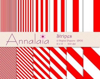 Digital Paper Pack Red and White Stripes Scrapbook Paper 12x12 8,5x11 Instant Download Commercial Use 012