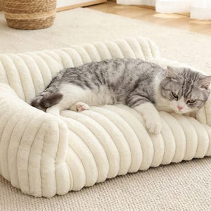 Puede incluir: Una cama para mascotas rectangular de color crema con una textura de felpa suave y acanalada, y lados elevados. Un gato atigrado gris y blanco está acostado en el centro de la cama, descansando su cabeza hacia el lado derecho de la superficie.