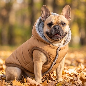Op de afbeelding: Een reekleurige Franse Bulldog draagt een beige, gewatteerd, mouwloos vest met een capuchon. Het vest is voorzien van een lichtgrijze, textuurrijke fleecevoering, geribbelde boorden bij de armsgaten en een knoopsluiting aan de voorzijde.