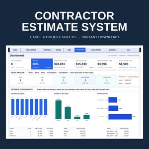 May include: A digital contractor estimate system dashboard for Excel and Google Sheets. The interface displays a blue and white layout with metrics including total estimates, win rate, quoted value, profit, sales pipeline, and performance charts.