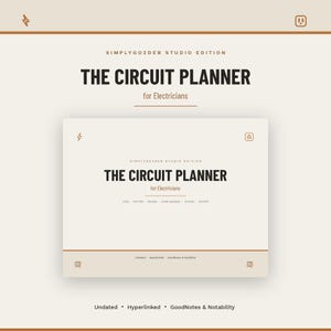 May include: A digital planner titled SimplyGo2Deb Studio Edition The Circuit Planner for Electricians. The cream-colored interface features sections for Jobs, Permits, Routes, Code Updates, Income, and Growth. It is undated, hyperlinked, and compatible with GoodNotes and Notability.