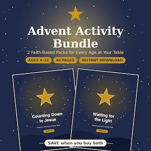 Peut inclure: Un ensemble d'activités de l'Avent comprenant deux packs basés sur la foi avec un fond bleu étoilé et des étoiles dorées. Le texte inclut Advent Activity Bundle, 2 Faith-Based Packs for Every Age at Your Table, Ages 4-12, 40 Pages, Instant Download, Counting Down to Jesus, et Waiting for the Light.