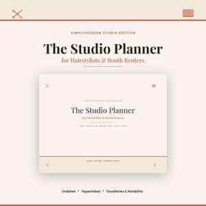 Puede incluir: Un planificador digital titulado The Studio Planner for Hairstylists & Booth Renters de SimplyGo2Deb Studio Edition. La interfaz incluye secciones para Clients, Color Formulas, Bookings, Retail, Income y Growth. No tiene fecha, contiene hipervínculos y es compatible con GoodNotes y Notability.