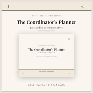 May include: A digital planner titled The Coordinator's Planner for Wedding & Event Planners by SimplyGo2Deb Studio Edition. The interface features a cream background with dark text, including sections for Clients, Vendors, Timelines, Budgets, Events, and Growth.