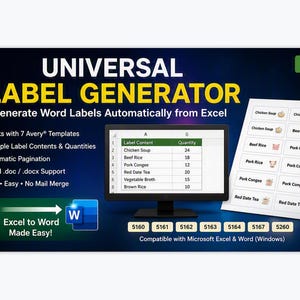 Peut inclure: Un graphique numérique pour un outil logiciel Universal Label Generator v1.0. Il affiche un écran d'ordinateur montrant une feuille de calcul Excel, une feuille d'étiquettes imprimées et du texte listant des fonctionnalités comme la compatibilité.