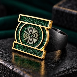 May include: A ring featuring a gold-toned rectangular frame with a central circular emblem. The emblem contains a series of concentric circles surrounded by a textured, deep green inlay. The band of the ring is a solid, matte black metal finish.