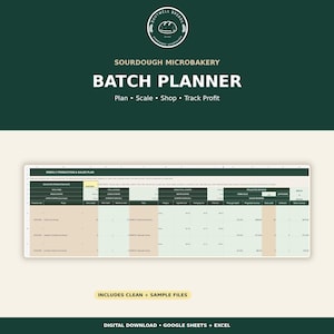 May include: A digital sourdough microbakery batch planner spreadsheet for Google Sheets and Excel. The dark green header features the Boutwell Breads logo and text: SOURDOUGH MICROBAKERY BATCH PLANNER Plan • Scale • Shop • Track Profit. Includes sample files.
