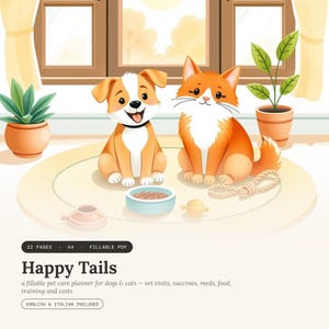Può includere: Un pianificatore digitale per animali domestici intitolato Happy Tails, con un cane e un gatto. Il testo riporta 22 PAGES, A4, FILLABLE PDF, Happy Tails, a fillable pet care planner for dogs & cats, e ENGLISH & ITALIAN INCLUDED.