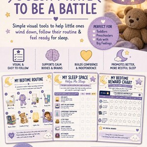 May include: A set of printable bedtime routine charts featuring the text Bedtime Doesn't Have To Be A Battle, My Bedtime Routine, My Sleep Space, and My Bedtime Reward Chart. The graphics include a teddy bear, stars, moons, and icons for daily tasks.