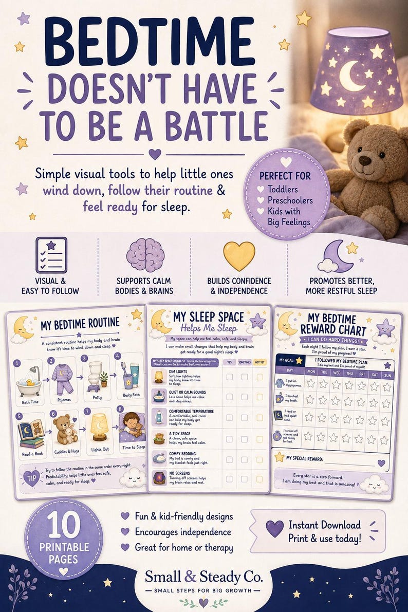 May include: A set of printable bedtime routine charts featuring the text Bedtime Doesn't Have To Be A Battle, My Bedtime Routine, My Sleep Space, and My Bedtime Reward Chart. The graphics include a teddy bear, stars, moons, and icons for daily tasks.