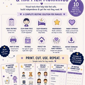 May include: A digital infographic titled Everything You Need For Calmer Bedtimes & Happier Mornings, featuring purple and yellow illustrations of moons, stars, and clouds. It displays icons and text describing printable visual routines, calm-down tools, and reward charts for children.