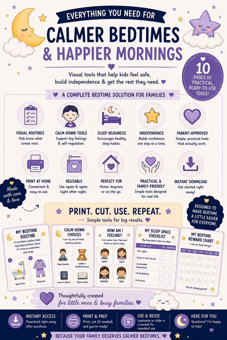 May include: A digital infographic titled Everything You Need For Calmer Bedtimes & Happier Mornings, featuring purple and yellow illustrations of moons, stars, and clouds. It displays icons and text describing printable visual routines, calm-down tools, and reward charts for children.