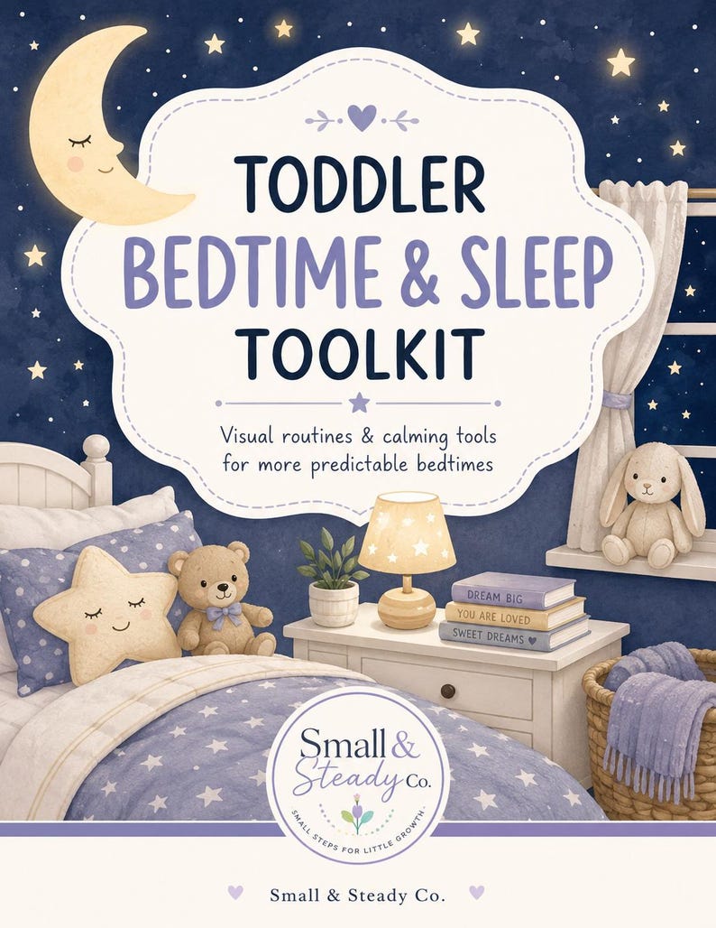 May include: A digital illustration titled Toddler Bedtime & Sleep Toolkit featuring a night sky background with a crescent moon, a bed with a star-patterned quilt, a teddy bear, a lamp, a stack of books, and a plush bunny on a windowsill.