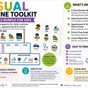 May include: A visual routine toolkit printable bundle for kids featuring five routine boards including My Day, First-Then, Now-Next-Later, Morning Routine, and Bedtime Routine. Includes daily activity picture cards, appointment cards, and a print and prep guide.