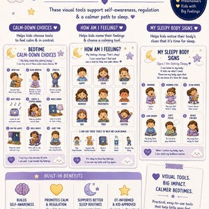May include: A multi-section educational poster titled Tools That Help Kids Understand Big Feelings & Wind Down With Calm. It features illustrations of children, a crescent moon, and stars, with sections for calm-down choices, feelings, and sleepy body signs.