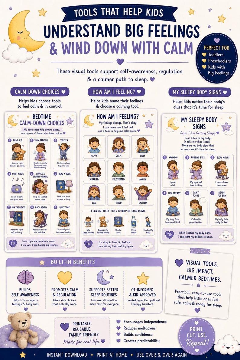 May include: A multi-section educational poster titled Tools That Help Kids Understand Big Feelings & Wind Down With Calm. It features illustrations of children, a crescent moon, and stars, with sections for calm-down choices, feelings, and sleepy body signs.