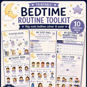 May include: A printable bedtime routine toolkit featuring ten pages with illustrations of a moon and star. The pages include charts for routines, sleep space, reward systems, feelings, and a first-then board with text in shades of purple and blue.