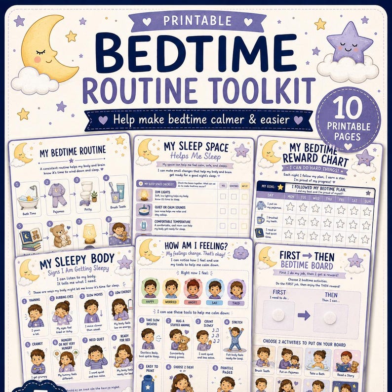 May include: A printable bedtime routine toolkit featuring ten pages with illustrations of a moon and star. The pages include charts for routines, sleep space, reward systems, feelings, and a first-then board with text in shades of purple and blue.