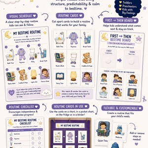 May include: A visual routine chart set for children featuring bedtime tasks like bathing, brushing teeth, and reading. The printable collection includes a schedule, routine cards, a first-then board, and a checklist with illustrations of a moon and stars.