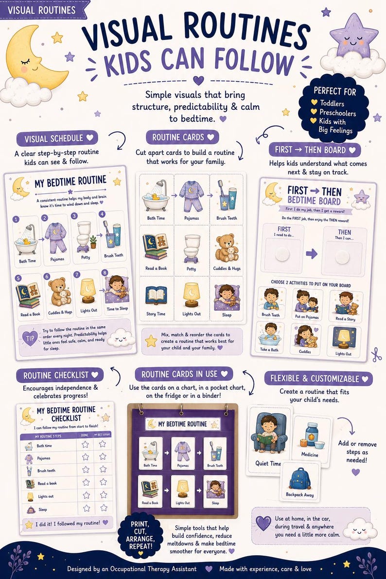 May include: A visual routine chart set for children featuring bedtime tasks like bathing, brushing teeth, and reading. The printable collection includes a schedule, routine cards, a first-then board, and a checklist with illustrations of a moon and stars.