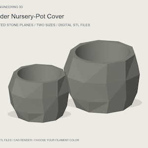 Peut inclure: Deux cache-pots de pépinière gris avec une surface géométrique à facettes ressemblant à des plans de pierre sculptés. Le texte indique : APEX ENGINEERING 3D, Boulder Nursery-Pot Cover, SCULPTED STONE PLANES / TWO SIZES / DIGITAL STL FILES, DIGITAL STL FILES / CAD RENDER / CHOOSE YOUR FILAMENT COLOR.
