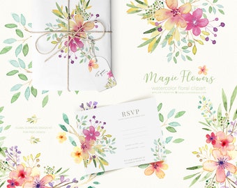Clipart floral aquarelle : fleurs printanières peintes à la main (téléchargement numérique PNG)
