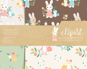 Easter Digital Papers, Cute Rabbit Illustration, Birds, and Flowers, Diy & Crafts Printable Papers, Seasonal Papers